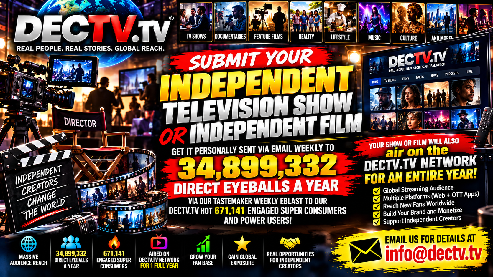 Submit your independent television show or independent film to DECTV.TV — reach 34,899,332 direct eyeballs a year and air on the DECTV.TV network for an entire year